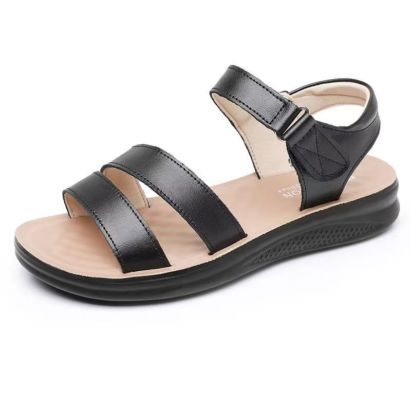 Women's Summer New Leather Open Toe Flat Sole Sandals Soft Sole Non Slip Lightweight Velcro Middle Aged And Elderly Sandals