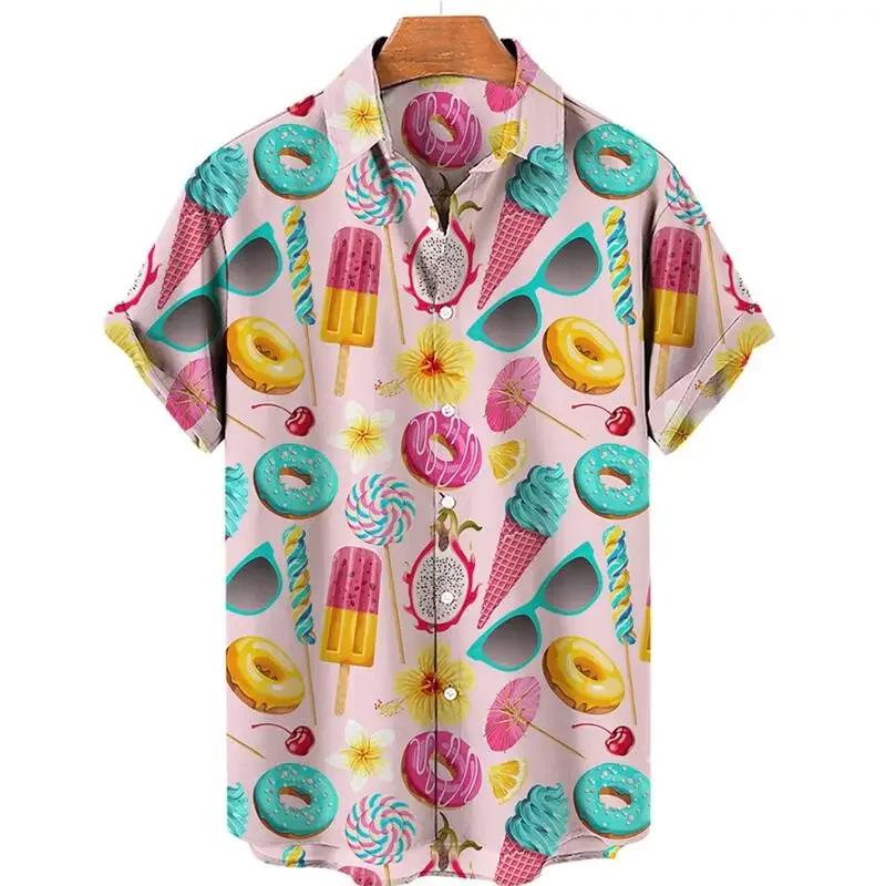 Funny Ice Cream 3D Printed Shirts For Men Clothes Summer Cold Beach Hawaiian Vacation Lapel Blouse Streetwear Blouses