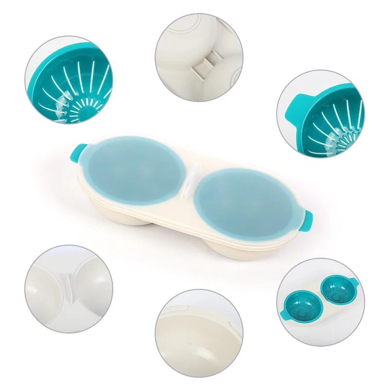 Drennerende Eggkoker Dobbel Kopp Eggdamper med lokk kjøkken Matlagingsform eggkoker Kokt Pochert Eggform for Mikrobølgeovner