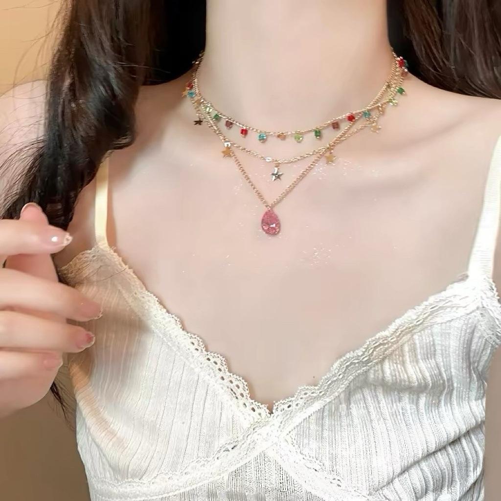 Colorful Star Zircon Multi-layer Necklace, Vintage Light Luxury Stackable Clavicle Chain
