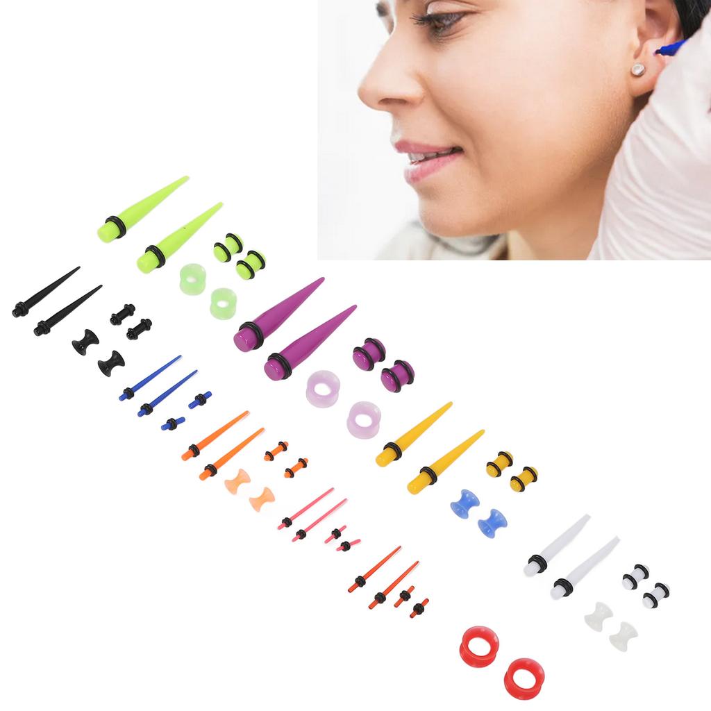 50pcs Ear Stretching Kit Silicone Tunnels Acrylic Tapers Plugs 1.6 to 12mm Mixed Colors Ear Gauges Expander Set