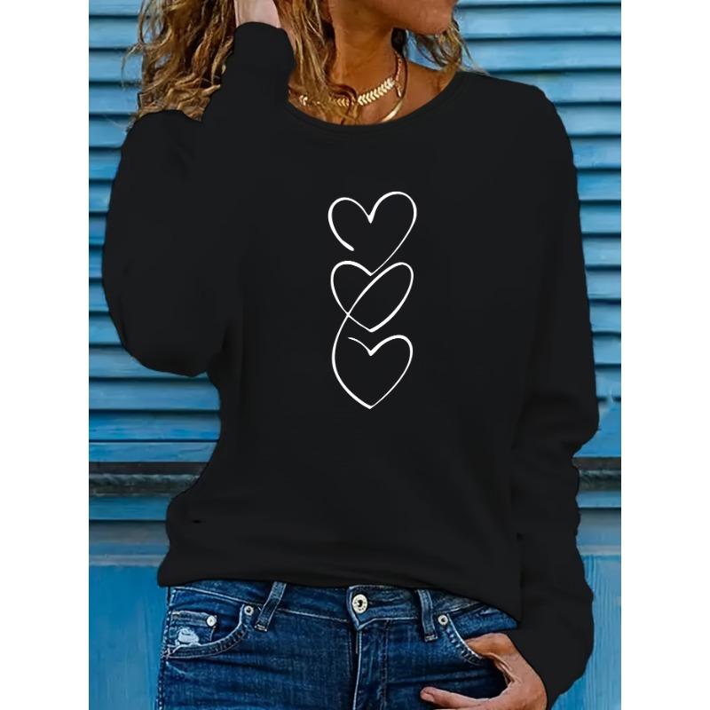 Heart Pattern Print Long Sleeve T-shirt, Women's Casual Crew Neck Top