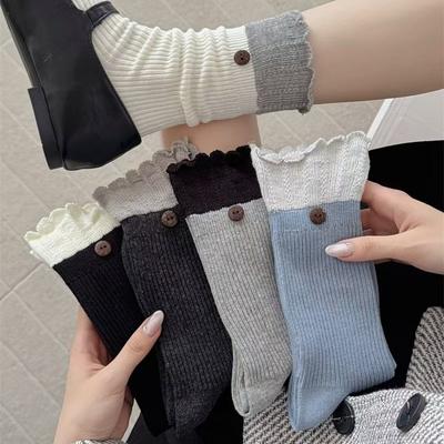 Autumn and Winter Double-needle Button Lace Socks, Women's Mid-calf Socks, Trendy Double-wear, Flanged Girls' Pile Socks
