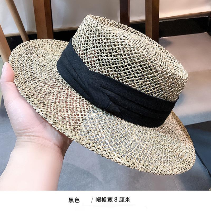 2025Women's Summer Straw Hat - British-style Flat Top Raffia Sun Hat with Openwork Design for Beach & UV Protection
