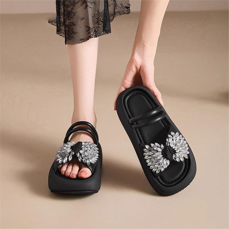 Popular Rhinestone Summer One-word Slippers Women's Outer Wear 2025 High-end Muffin Thick-bottomed Bow Cool Slippers Beach