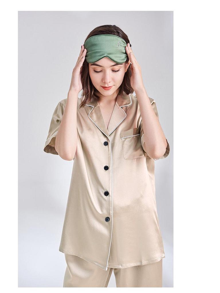 Girls' Imitation Silk Pajama Set - Short Sleeve Top & Long Pants, Lapel Design, Spring/Summer Homewear