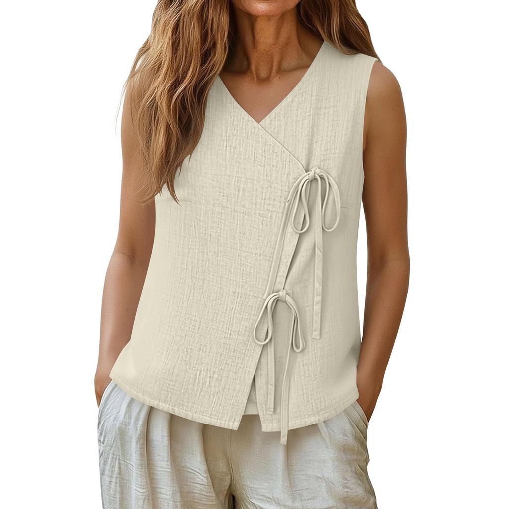 Dames Katoen Linnen Tanktops V-hals Los Casual Shirts Mouwloos Zomer Shirts Wrap Strik Shirt Camisole