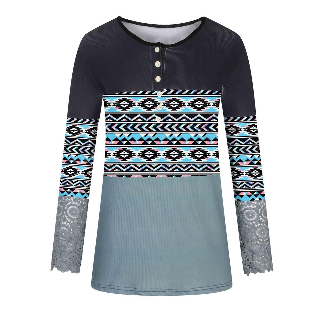 Womens Fashion Lace Long Sleeve Hole Strip Slim Round Neck Button Print Pullover Women's T-Shirt