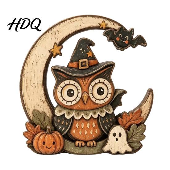 Cute Ghost Pumpkin Desktop Signs Halloween Retro Witch Cat Figurines with Crescent Base, Spooky Rustic Tiered Tray Decor Wooden Tabletop Centerpiece