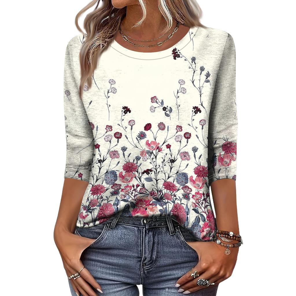 Women Casual Floral Print Three Quarter Sleeve Round Neck Top Lightweight Soft Fabric Relaxed Fit Blouse for Everyday Wear