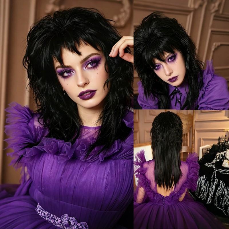 Gothic Black Wolf Tail Wig Women Y2K Style High-Contrast Mermaid Cut Full Head Dark Rock Halloween Cosplay