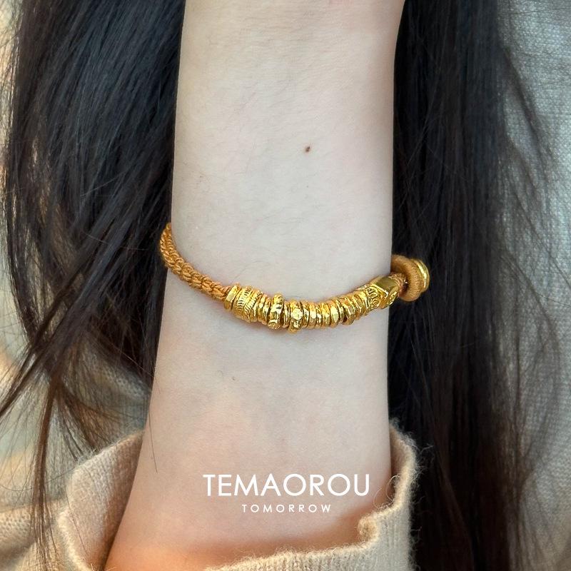 

Женский браслет ручной работы из коричневого плетеного шнура с золотой пластиной - Универсальный аксессуар в новом китайском стиле