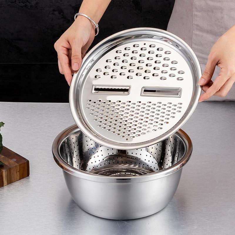 Three-Piece Stainless Steel Grater, Colander, and Vegetable Washing Bowl Set for Multi-functional Kitchen Use