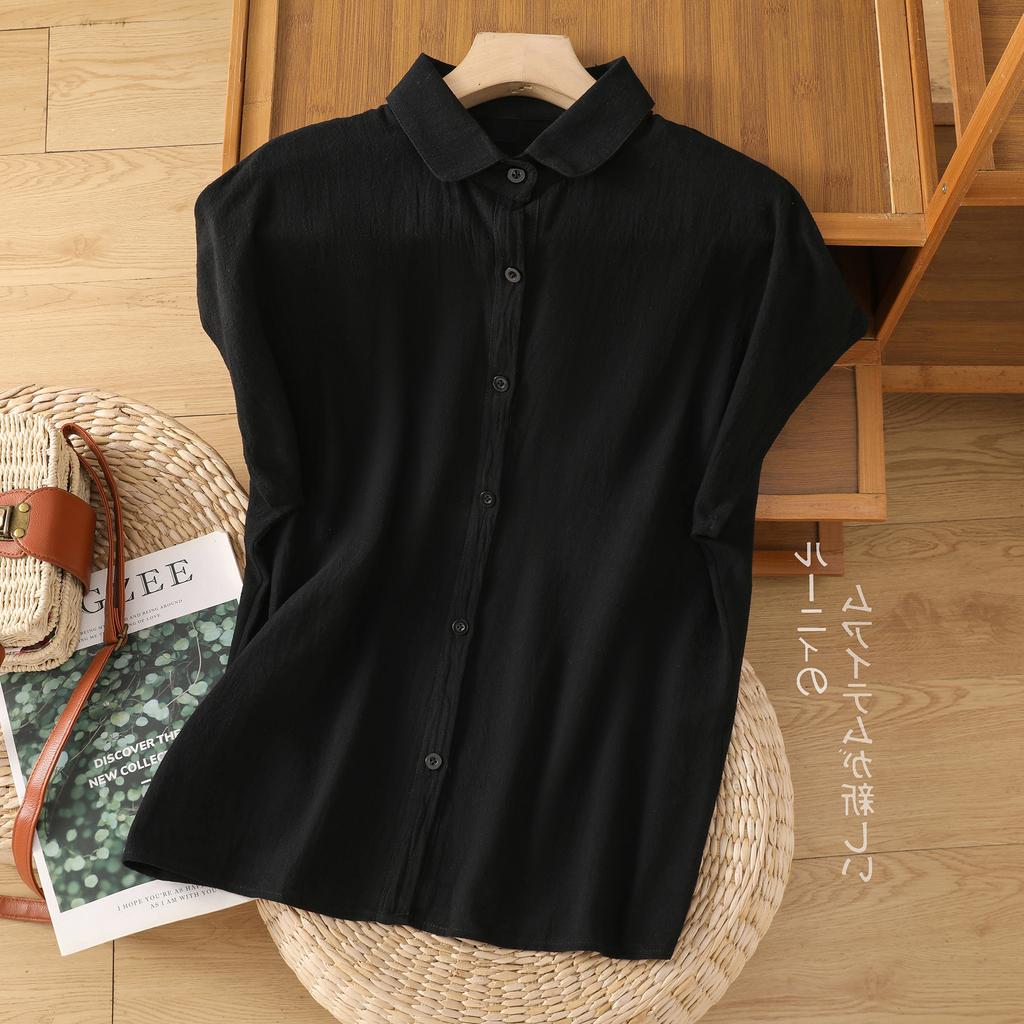 2025 Summer New Literary Cotton Solid Color Women's Shirt Loose Retro POLO Neck Small Flying Sleeve Cardigan Top