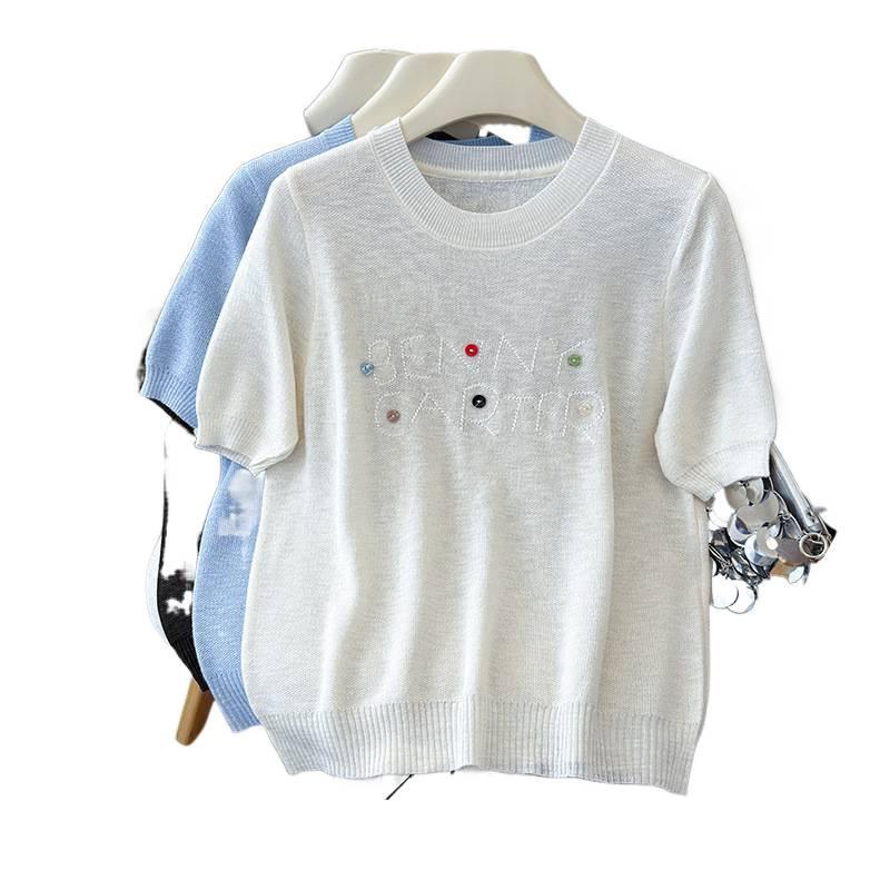 2026 Summer Versatile Embroidered Ice Silk Tencel Knit Women's T-Shirt