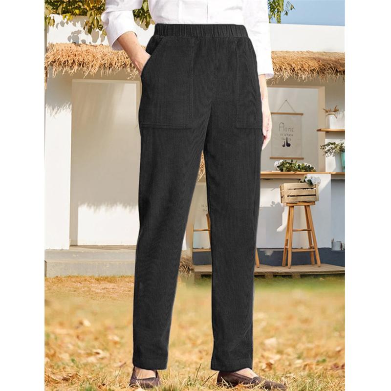 2026 New Women's Solid Color Elastic Waist Corduroy Straight Leg Casual Pants