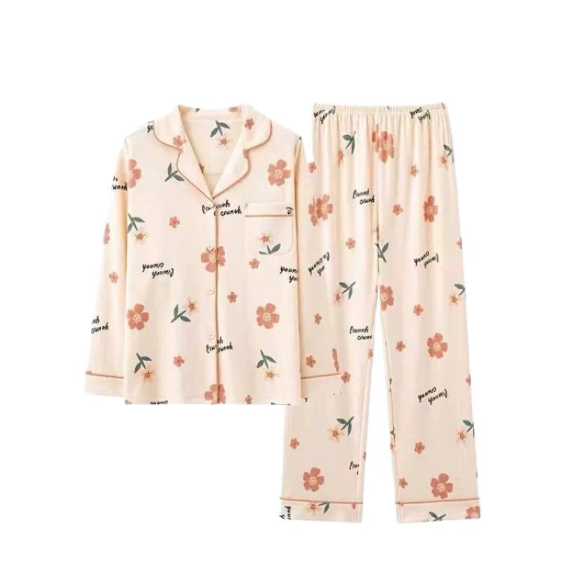 Pigiama in Cotone da Donna Primavera e Autunno Manica Lunga Indumento Esterno Servizio Casalingo Coreano Completo Camicia e Pantaloni a Manica Lunga