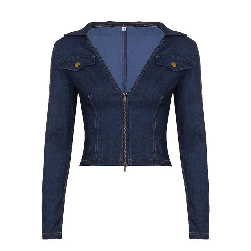 V-neck Sexy Slimming Zipper Denim Long Sleeve Casual Women s Top S темно-синий