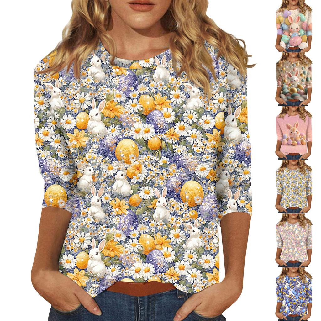 Women's Tops Three-quarter Sleeve Shirt Round-neck Loose Casual Shirt Print T-shirt