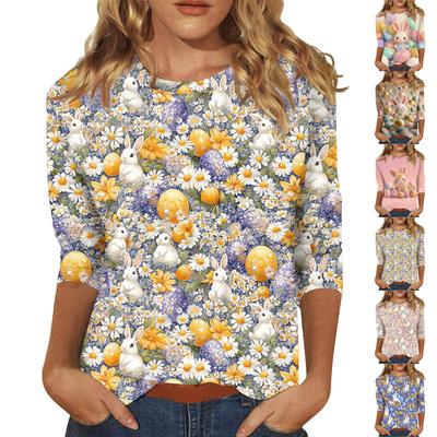 Damenoberteile Dreiviertelarmshirt Rundhalsausschnitt Lockeres Freizeitshirt Druck T-Shirt