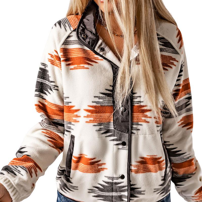 2025 Amazon Independent Station Autumn and Winter New Women s Painting Crew Neck Button Pocket Casual Jacket Jacket Women S серый