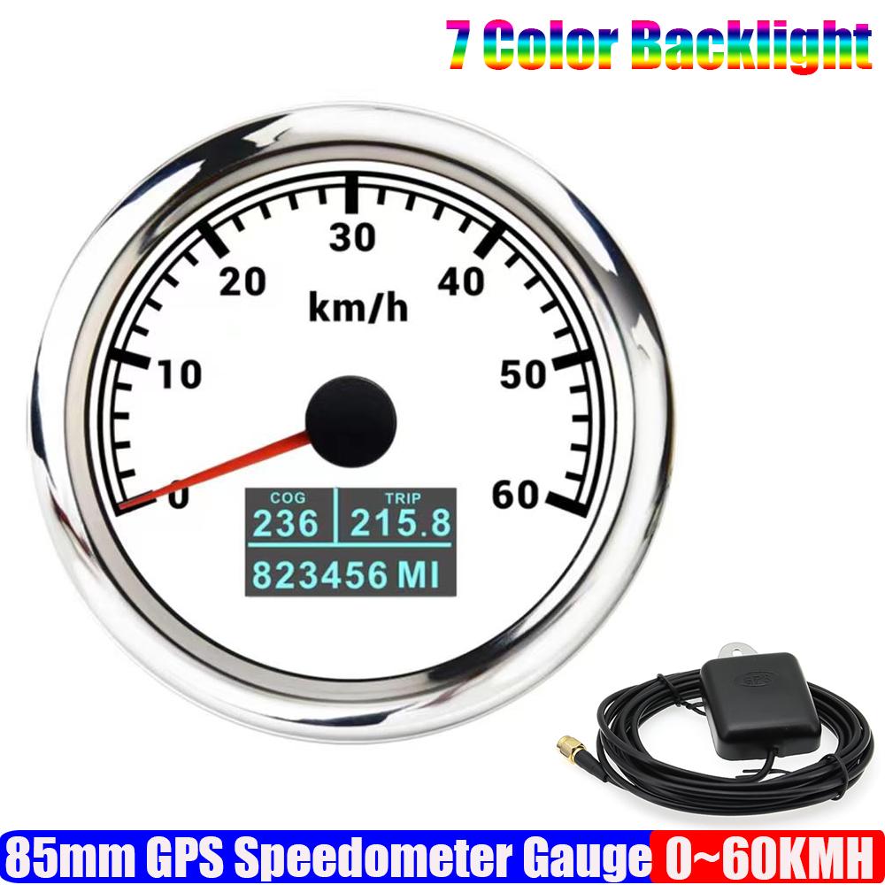 7 Color LED Auto Car 85mm GPS Speedometer Gauge with GPS Antenna 30KMH,60KMH,120KMH,200KMH Marine Boat Yacht COG TRIP Odometer