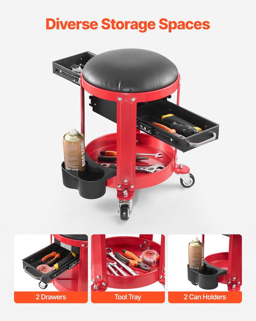 VEVOR Rolling Mechanic Stool with Wheels, 300 lbs Capacity Garage Seat/Work Stool, Padded Roller Creeper Seat with Fixed Height