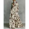 Women's Tiered Boho Maxi Dress Long Sleeve Button Front Lace Trim Loose Vacation Long Dress