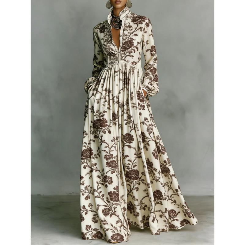 Women's Tiered Boho Maxi Dress Long Sleeve Button Front Lace Trim Loose Vacation Long Dress
