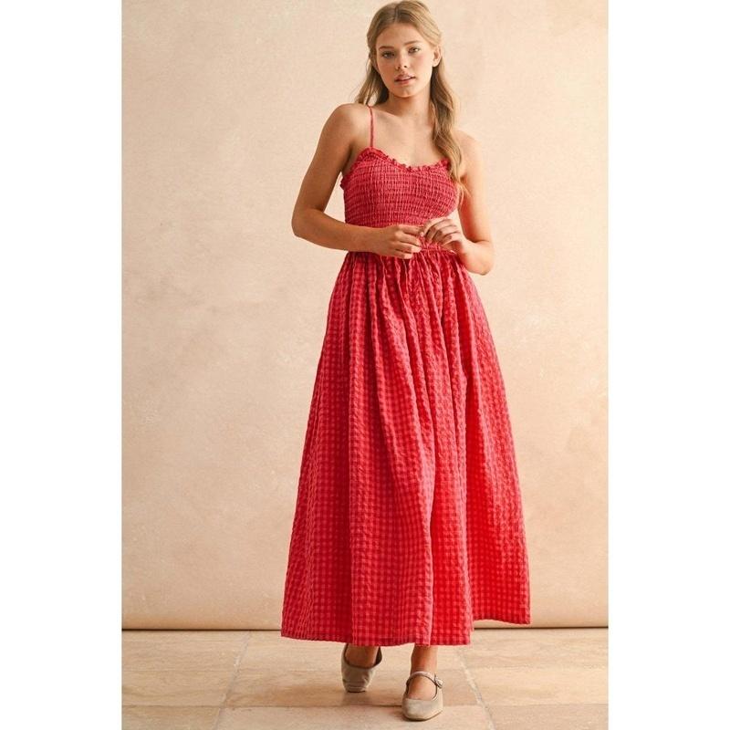 Women's Spaghetti Strap Sleeveless Gingham Print A Line Mid Waist Vintage Maxi Dress Sundress