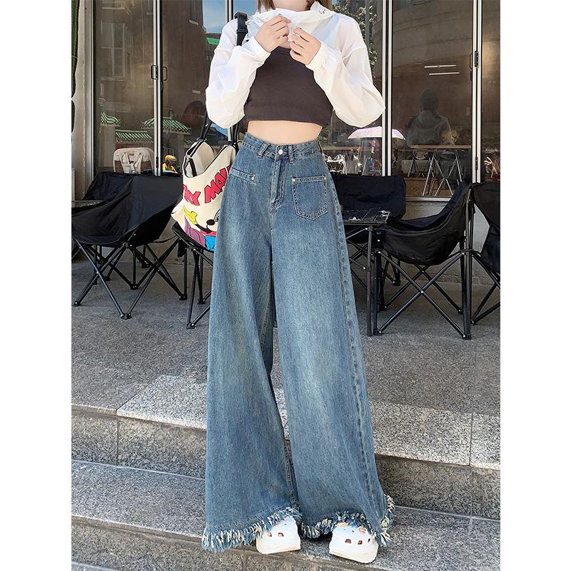 2025 Plus Size American Retro High Waist Wide Leg Jeans for Women - Autumn Loose Fit, Raw Edge, Straight, Floor Length.