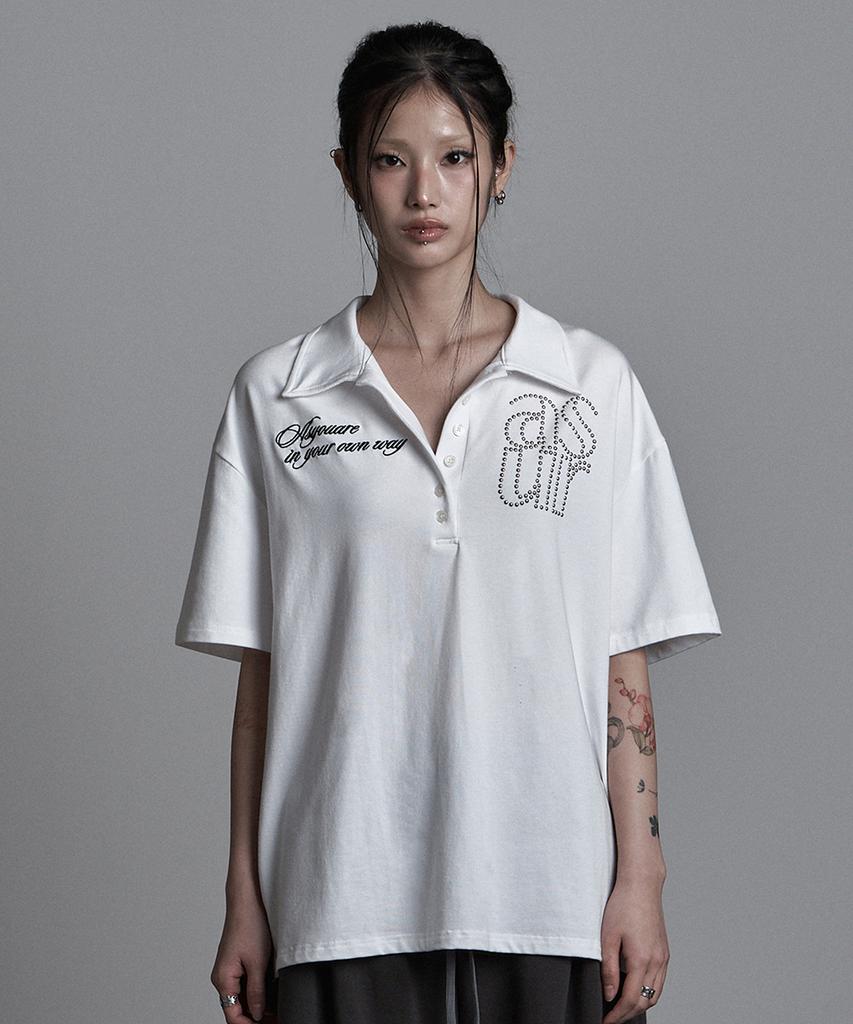 Aejeuyua Basic Hotfix Collared T-Shirt White