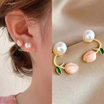 Sweet Cute Enamel Pearl Tulip Flower Stud Earrings for Women Korean Temperament Back Hanging Earring Fashion Jewelry