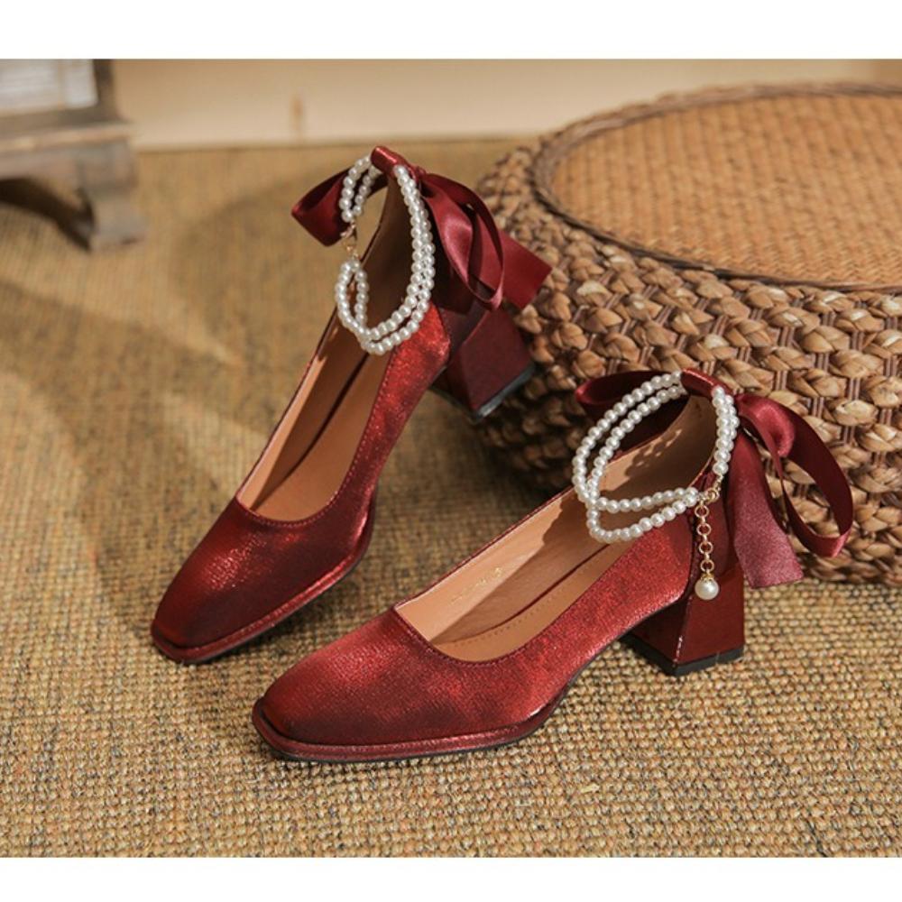 2025 New French-Style Women's Wedding Shoes - Bowknot Fairy Bridesmaid Shoes, Two-Way Wear Block Heel, Comfortable Non-Tiring Feet, StyleXCY34-888-200