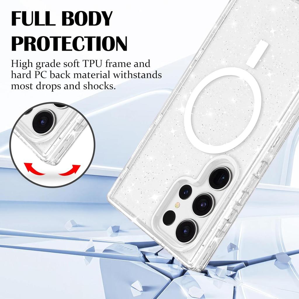 For Samsung Galaxy S23 Ultra Magnetic Case, Luxury Sparkle Bling Glitter Clear Case for Women Girls Men Full Body Drop Protection Bumper Shockproof