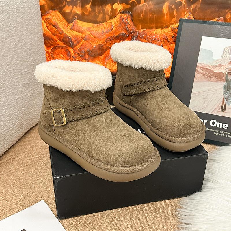 Women's Thick Bottom Winter Belt Buckle Fur One Foot Stirrup Lightweight Warm Anti Cold Padded Snow Boots Non-slip Wear Casual Sneakers Cotton Boots