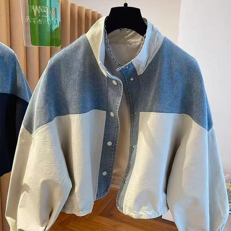 Women's European Patchwork Denim Jacket, Stand-Up Collar, Casual Short Style for Spring and Autumn 2025