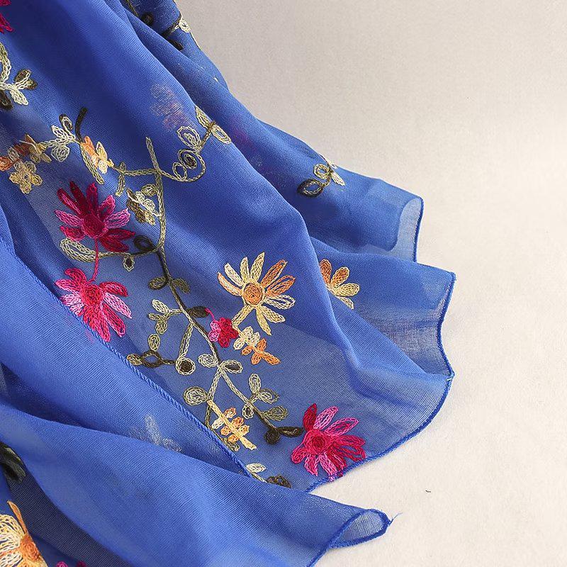 Ethnic Style Embroidered Cotton-Linen Scarf: Thin, Breathable, Fashionable Sun Protection; Wear as Head Wrap or Shawl.