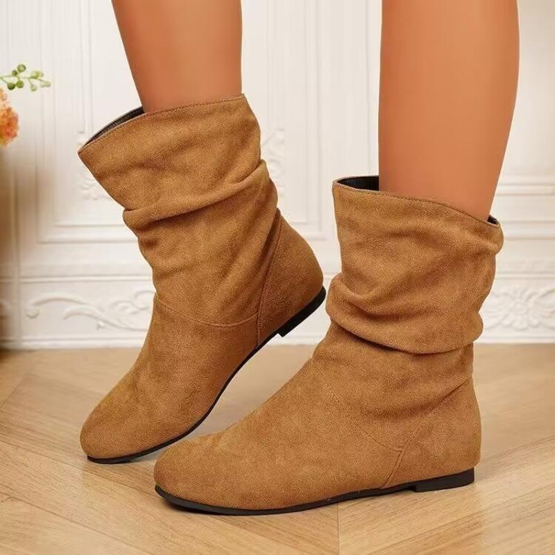 2025 Pleated Stack Boots Women's Winter New Large Size Round Toe Retro Mid-leg Boots