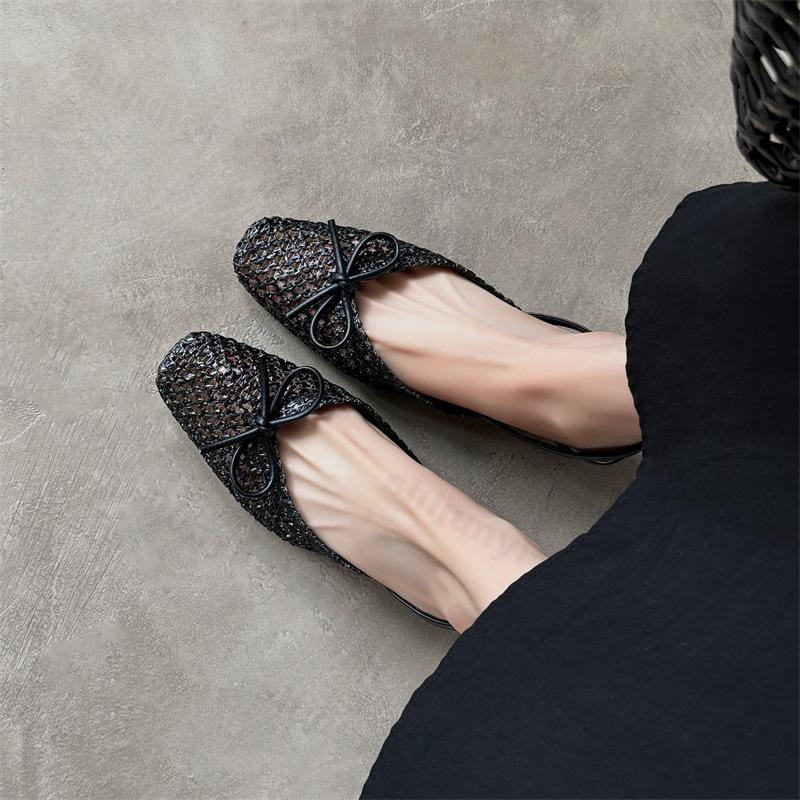 Fashion Woven Bow Back Strap Design Sandals Women's 2025 Summer New Square Head Shallow Mouth Single Shoe Comfortable Elegant Cool Pumps