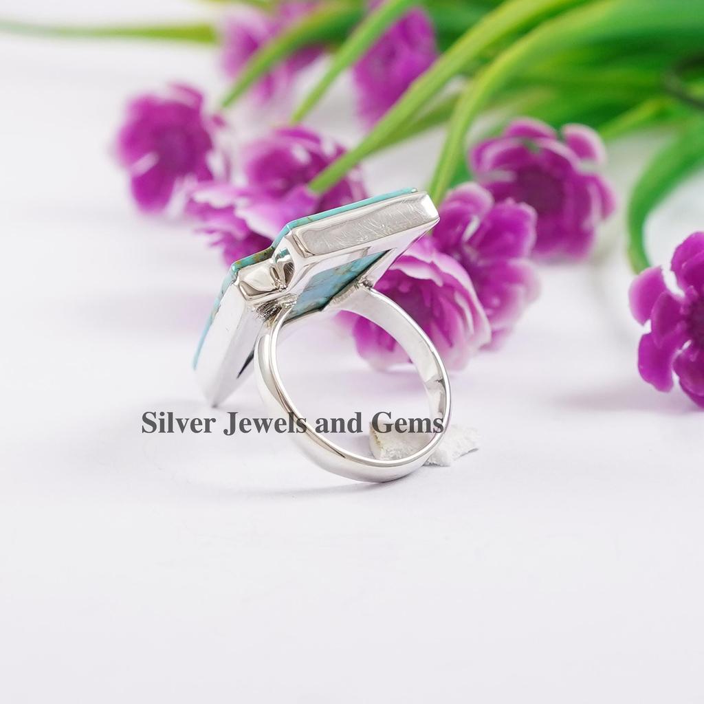 Turquoise Lightning Bolt Ring, 925 Sterling Silver, Handmade Arizona Gemstone