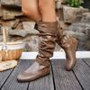Vintage Wrinkled Fashion Belt Buckle Leather Boots for Women Side Zipper Flat Bottom Black Brown Knee High Boots Female Shoes