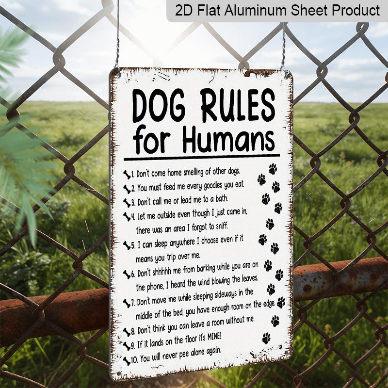 2D Flat, Funny Dog Rules Metal Sign - Waterproof Bathroom Decor with Paw Prints - Vintage Black Pet Owner Gift for Living Room, Office, for Man Cave