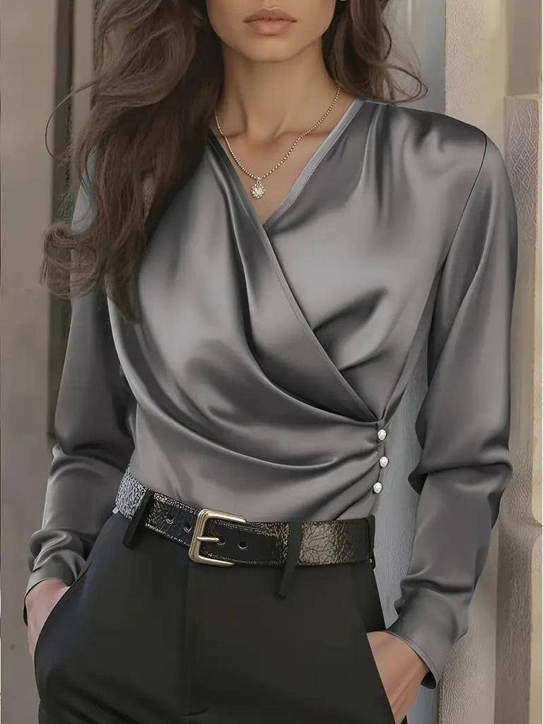 2026 European Autumn Women's Satin V-Neck Slim-Fit Top - Versatile & Stylish