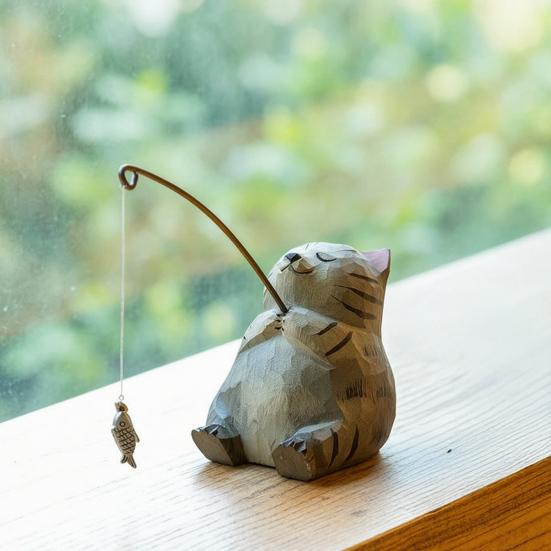Hand-Carved Wood Ornaments Fishing Cat Sculpture Miniature Solid Wood Desktop Decor Eco-Friendly Painted Cat Figurine for Home Office Gift