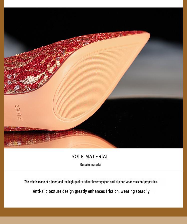 Elegant Red Silk Stiletto Heels with Gold Trim - Ideal for Weddings, Banquets, and Formal Events