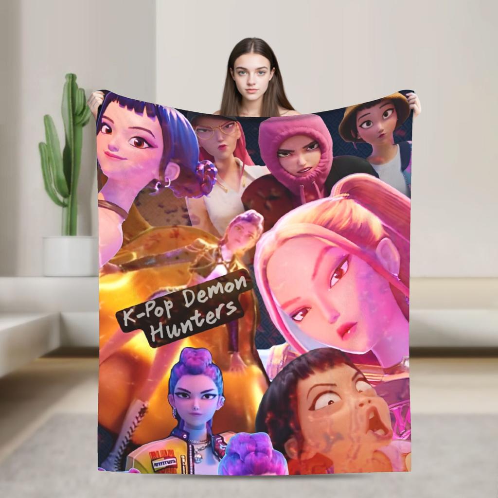 Kpop Demons Huntrix Hunters Flannel Blankets Rumi Mira Joey Creative Throw Blanket for Bedspread 125*100cm Rug Piece Soft