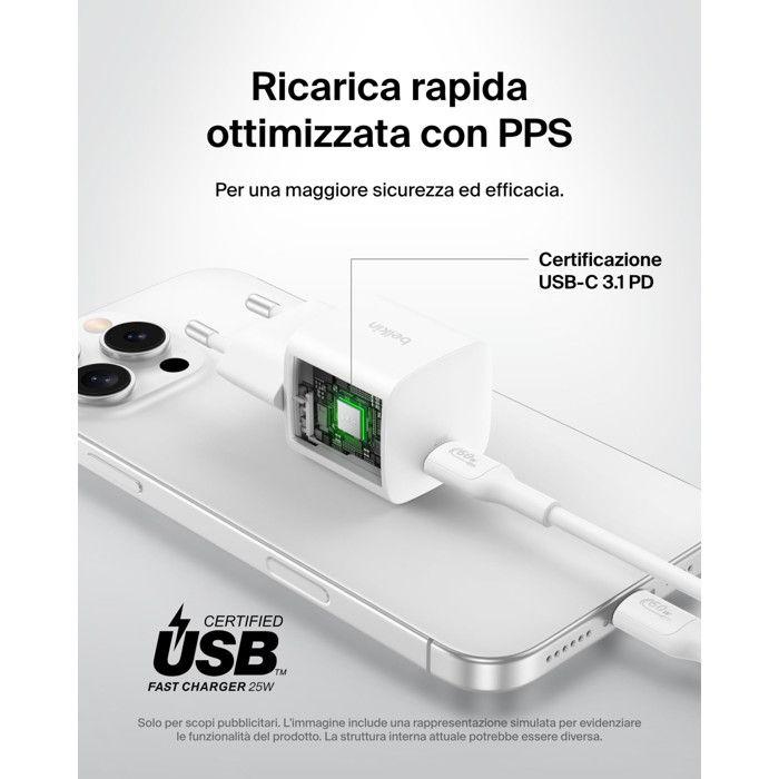 Belkin BOOST Charge Caricatore USB-C 25W PD PPS Ricarica Rapida Universale Bianco
