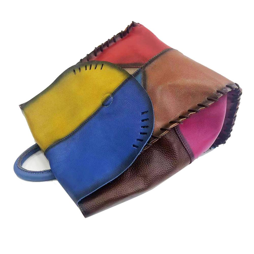 Backpack Leather Women'S Bag Fashion Splicing Colored Cowhide Backpack Women'S Casual Bag School Bag