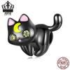 Sterling Silver S925 Moon Cat Beaded Bracelet with Black Gold Plated Zircon Halloween Beads
